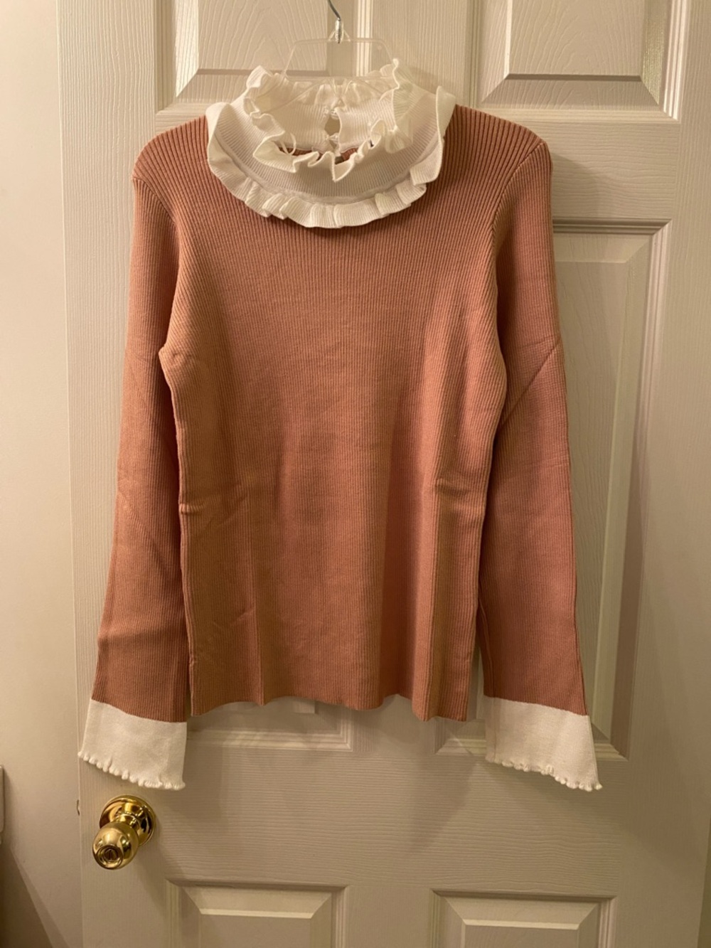 Identity Ruffled Collar Pink Knit Sweater with White Accents